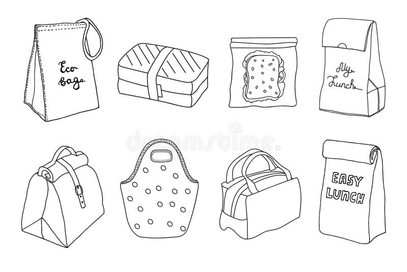 Várias lancheiras e sacos do almoço ajustados Saco de Eco, caixa do sanduíche, almoço fácil