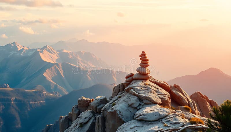 Vârf muntos cu pietre echilibrate, peisaj zen și natură pașnică Generativ AI stock illustration
