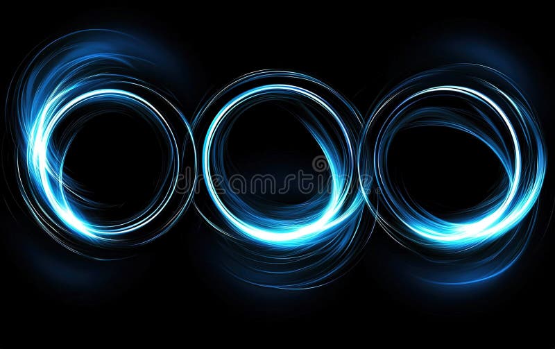 Vârfuri de lumină albastru abstracte care formează trei modele circulare pe fond negru, prezentând modele complexe stock illustration