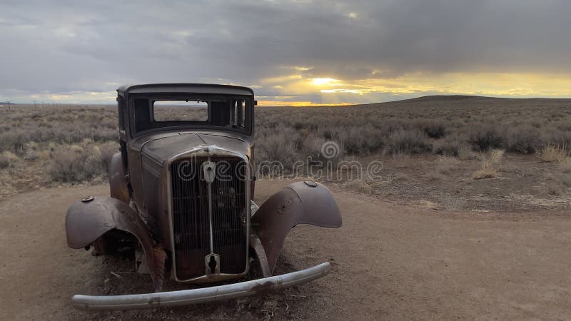 Classic vintage car as a landmark along Route 66 in Arizona, near the Petrified Forest Visitor Center. Classic vintage car as a landmark along Route 66 in Arizona, near the Petrified Forest Visitor Center