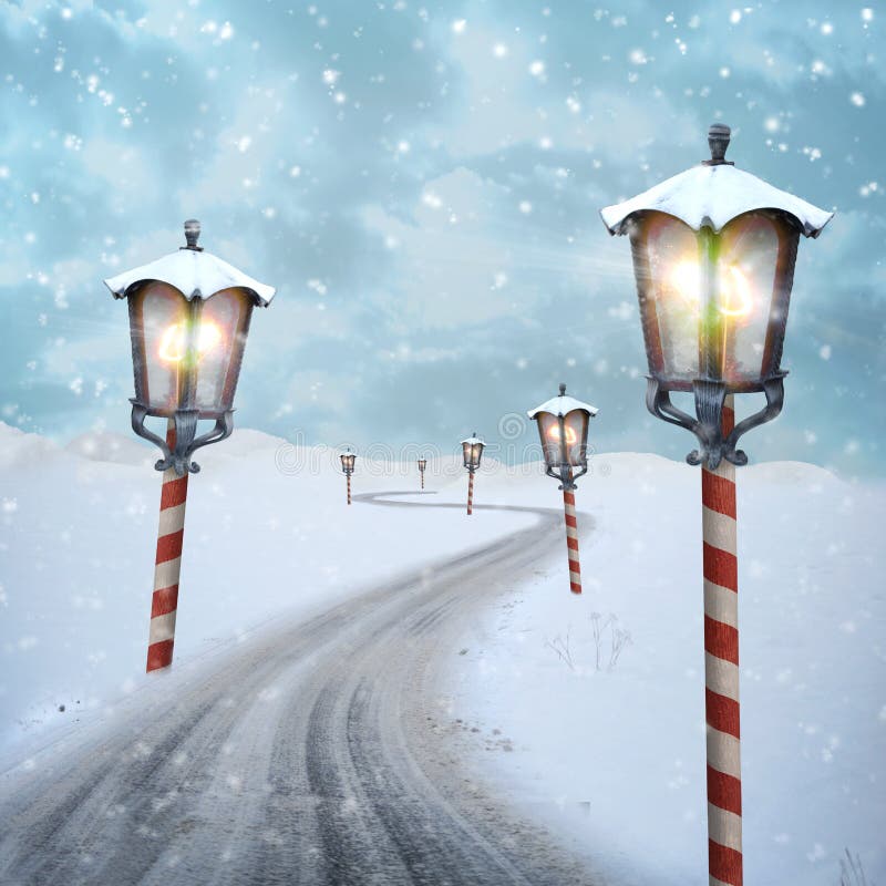 Many lanterns on a snow road to north pole. Many lanterns on a snow road to north pole