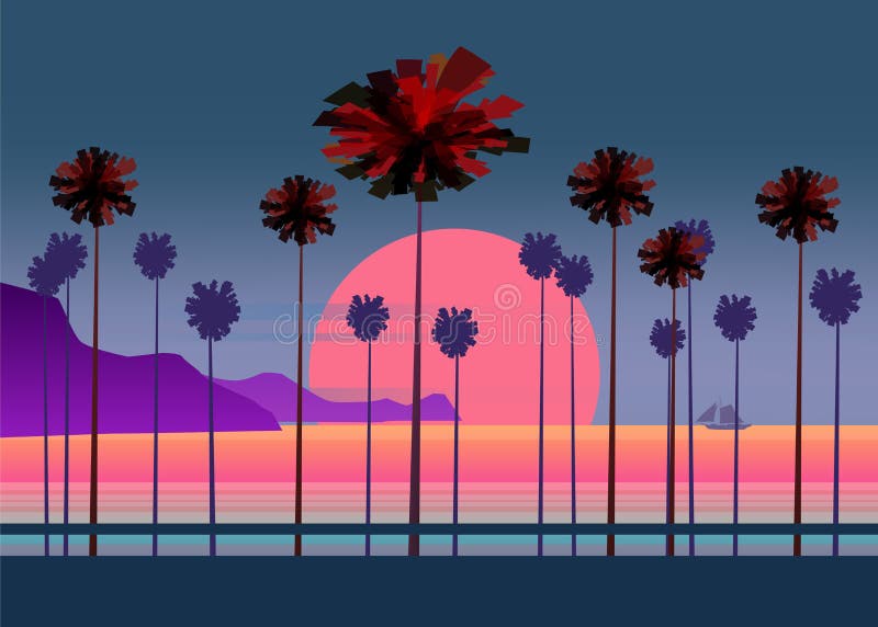 Vägen för sommarsemestern, den tropiska strandsolnedgången, havet, havet, med palmträd, vektorillustrationen, affischen, baner, i stock illustrationer Vägen för sommarsemestern, den tropiska strandsolnedgången, havet, havet, med palmträd, vektorillustrationen, affischen, baner, i stock illustrationer