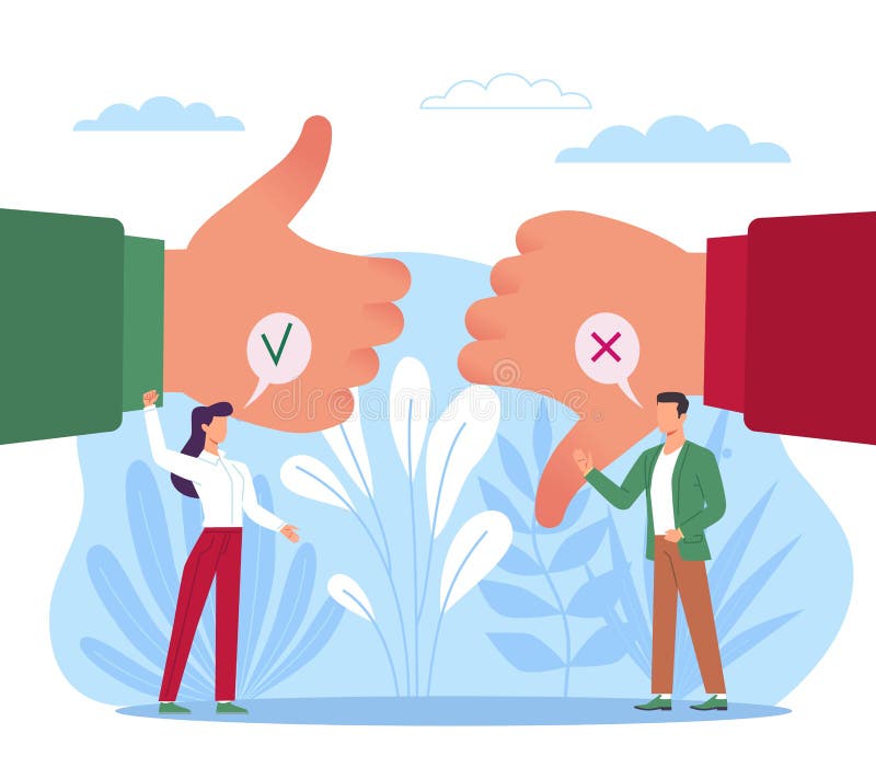 Välja mellan positiv och negativ. Beslutsförfarande: Jämförelse av för- och nackdelar med stora handrörelser - små personer stock illustrationer