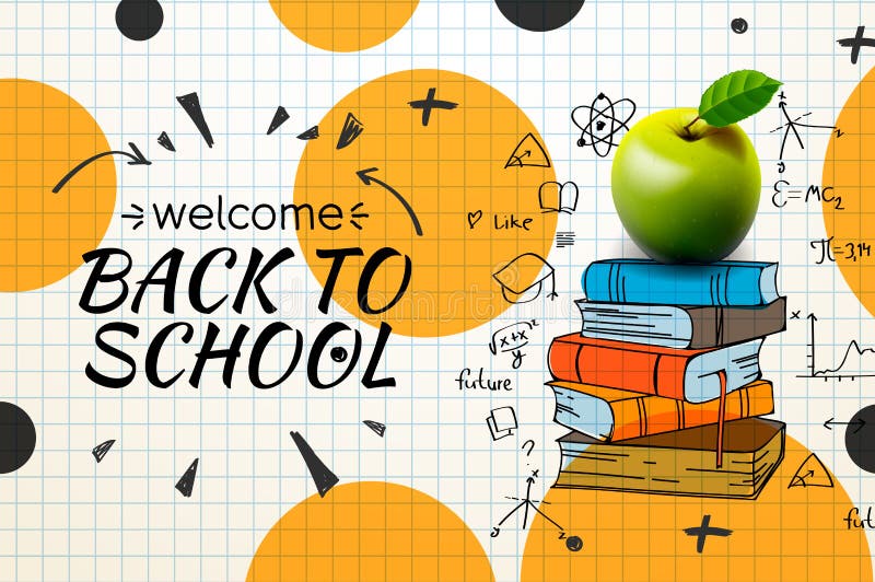 Välkommen tillbaka till skolans webbanderoll, äpple och doodle på utcheckad pappersbakgrund, vektorillustration stock illustrationer