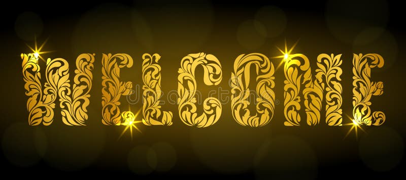 Välkommet ord Guld- text som göras av blom- beståndsdelar med gnistor på en mörk bakgrund vektor illustrationer
