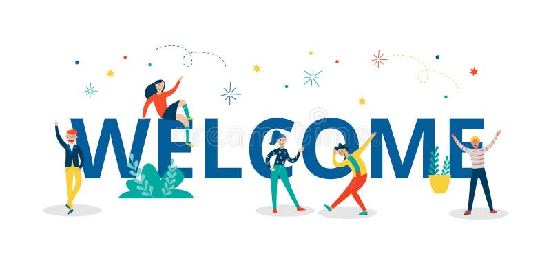 Välkomna färgstarka bokstäver med persontecken en tom vektorbild isolerad stock illustrationer