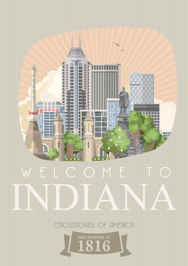 Välkomnande till den Indiana staten Amerika tillstånd förenade Tvärgator av Amerika Vykort från Indianapolis Loppvektor stock illustrationer Välkomnande till den Indiana staten Amerika tillstånd förenade Tvärgator av Amerika Vykort från Indianapolis Loppvektor stock illustrationer