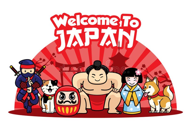 Vector of welcome to japan with cute characters. Vector of welcome to japan with cute characters
