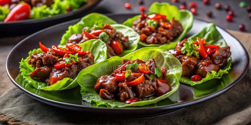 Välsmakande chili-köttssallat med en grumlig dippsås som serveras på en stilig svart platta a royaltyfri illustrationer