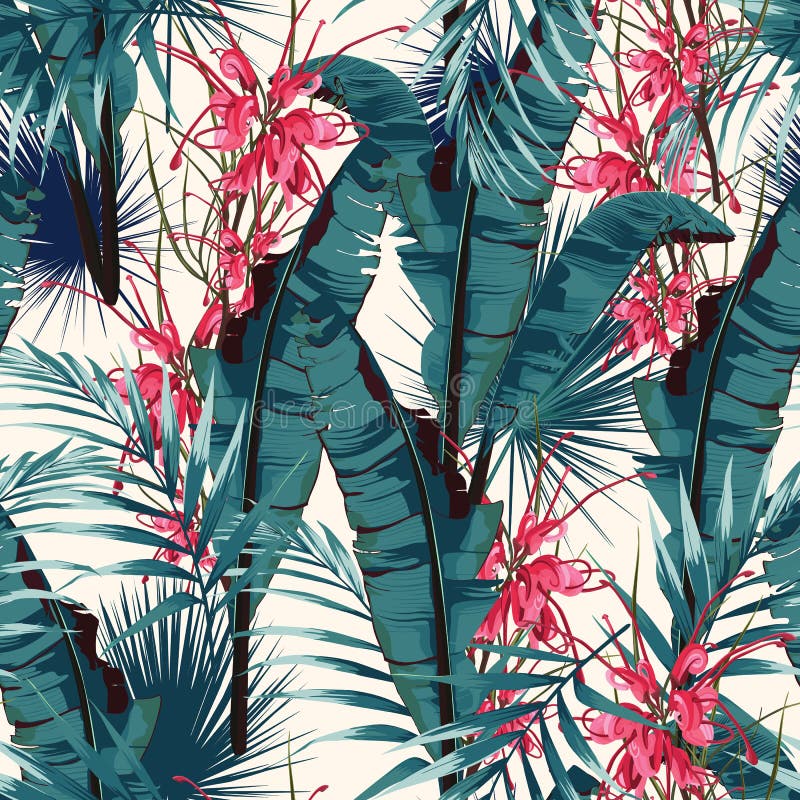 Vändkretssommar som målar den sömlösa vektormodellen med, gömma i handflatan bananbladet och växter Blom- blommor för djungelprot stock illustrationer Vändkretssommar som målar den sömlösa vektormodellen med, gömma i handflatan bananbladet och växter Blom- blommor för djungelprot stock illustrationer