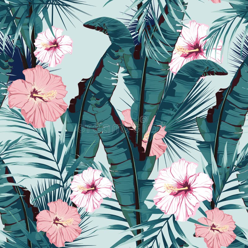Vändkretssommar som målar den sömlösa vektormodellen med, gömma i handflatan bananbladet och växter Blom- blommor för djungelhibi stock illustrationer