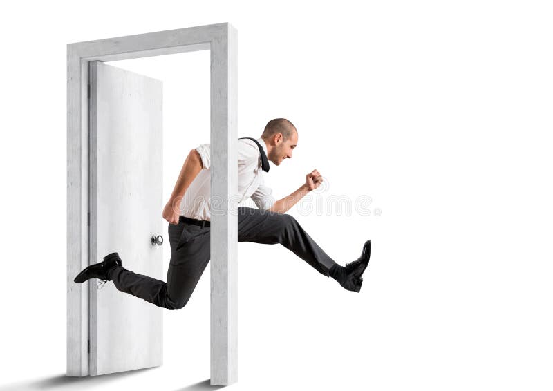 Businessman crosses a door. Concept of renewal. Businessman crosses a door. Concept of renewal