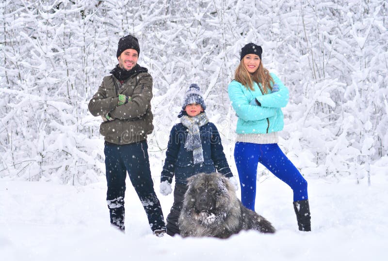 Vänlig familj: moder-, fader-, son- och hunddet fria royaltyfria bilder