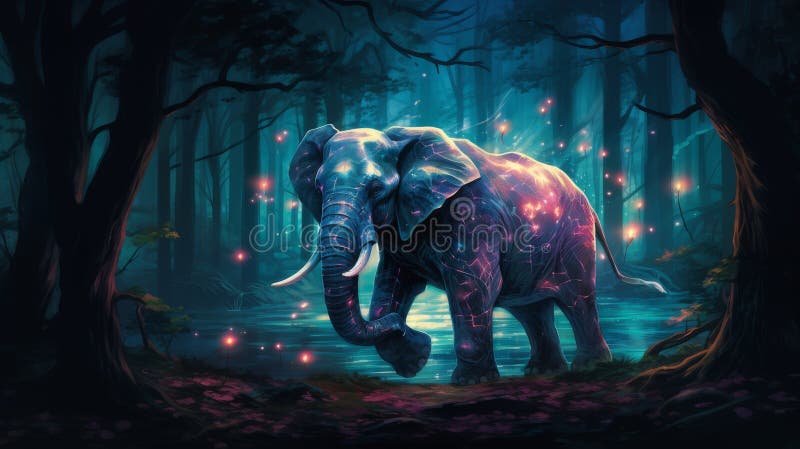 Vänlig jätte : Den stora elefantpatronus som roterar den härjade skogen stock illustrationer