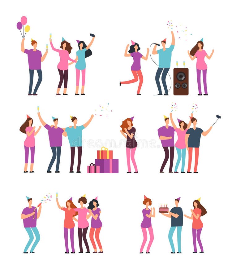 Vänliga folkmän, kvinnor som dansar, sjunger och har gyckel på partiet Vänner som firar födelsedag Vektortecknad film vektor illustrationer Vänliga folkmän, kvinnor som dansar, sjunger och har gyckel på partiet Vänner som firar födelsedag Vektortecknad film vektor illustrationer