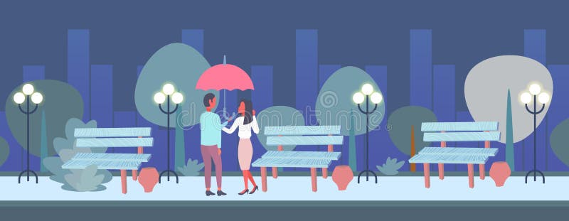 Vänner kopplar ihop under kvinna för man för bakre sikt för paraply som romantiker som går den stads- nattstaden, parkerar full l vektor illustrationer