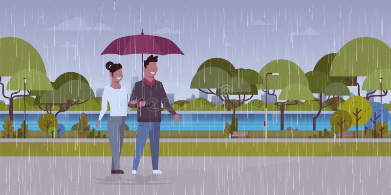 Vänner kopplar ihop under paraplymankvinna som romantiker som går i den stads- regnstaden, parkerar full längd för landskapbakgru vektor illustrationer