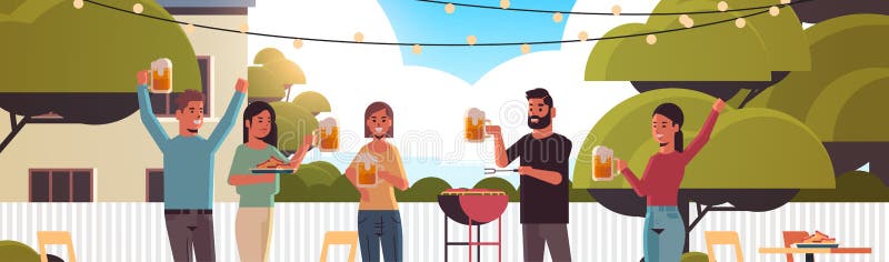 Vänner som förbereder varma hundar på grill och dricker öl, glada män och kvinnor som har kul på bakgården, pickniska grillfest royaltyfri illustrationer Vänner som förbereder varma hundar på grill och dricker öl, glada män och kvinnor som har kul på bakgården, pickniska grillfest royaltyfri illustrationer