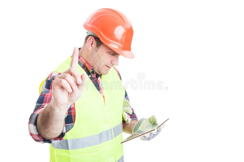 Wait a minute concept with constructor holding tablet and reading something on white background. Wait a minute concept with constructor holding tablet and reading something on white background