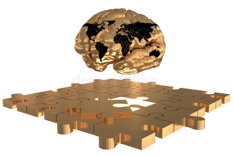 Världskarta Brain Concept för guld av saknade pussel ett royaltyfri illustrationer Världskarta Brain Concept för guld av saknade pussel ett royaltyfri illustrationer