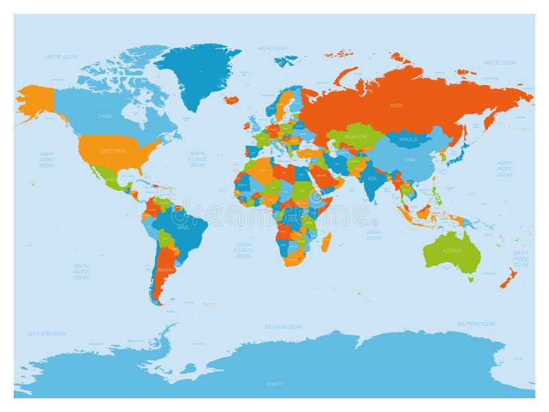 Världskarta Med Namn Av Suveräna Länder Och Större Beroende Territorier