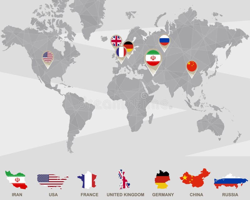 Världskarta Med Iran, USA, Frankrike, UK, Tyskland, Kina, Ryssland