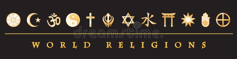 Världsreligionens guldsymbolsymbol ikoner svart bakgrund royaltyfri illustrationer