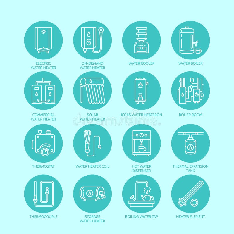 Heater, water boiler, thermostat, electric, gas, solar heaters and other house heating equipment line icons. Thin linear pictogram with editable strokes for hardware store. Household appliances signs. Heater, water boiler, thermostat, electric, gas, solar heaters and other house heating equipment line icons. Thin linear pictogram with editable strokes for hardware store. Household appliances signs.