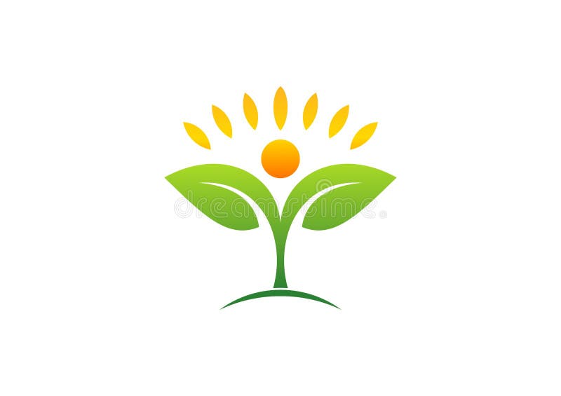 Växt, folk, naturligt, logo, hälsa, sol, blad, botanik, ekologi, symbol och symbol royaltyfri illustrationer