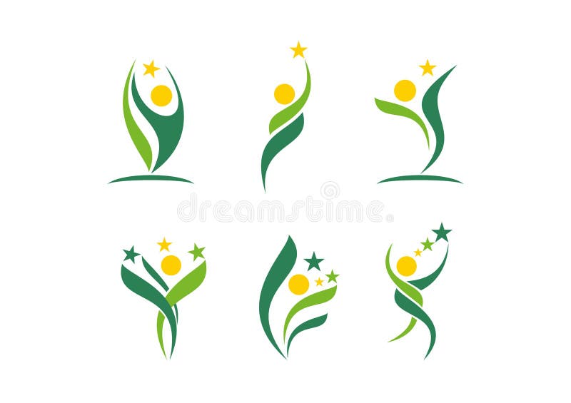 Växt folk, wellness, beröm som är naturlig, stjärna, logo, hälsa, sol, blad, botanik, ekologi, vektor för fastställd design för s vektor illustrationer