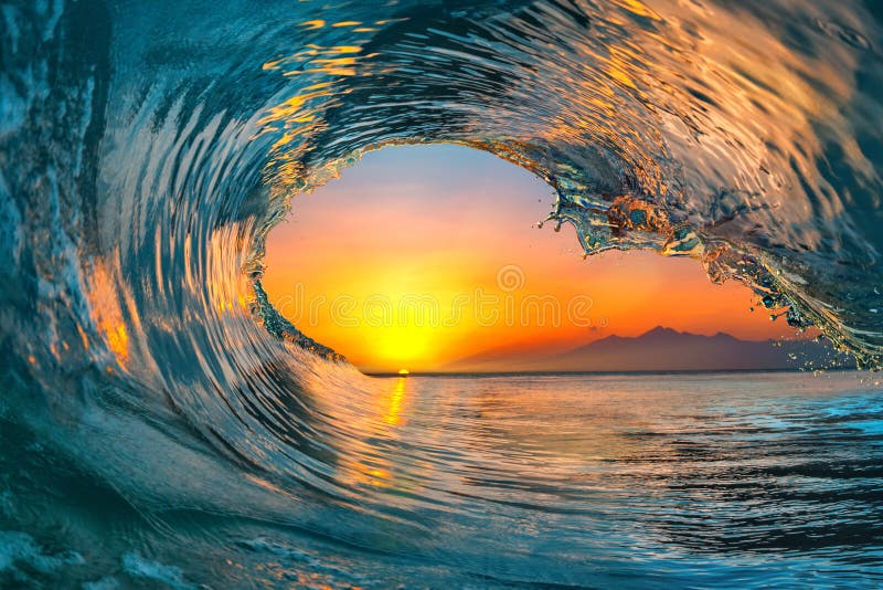 Colorful vibrant Sunset Sea water ocean wave in barrel shape for surfing. Colorful vibrant Sunset Sea water ocean wave in barrel shape for surfing