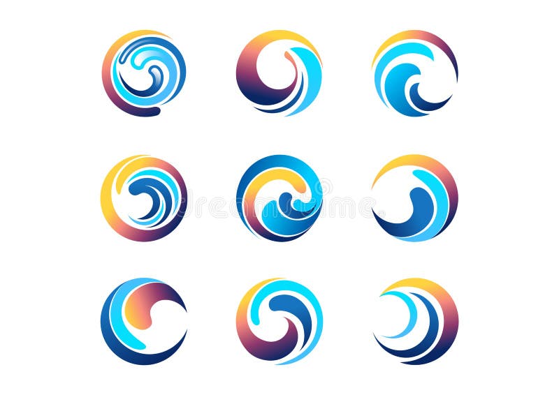 Våg sol, cirkel, logo, vind, sfär, himmel, moln, symbol för virvelbeståndsdelsymbol royaltyfri illustrationer