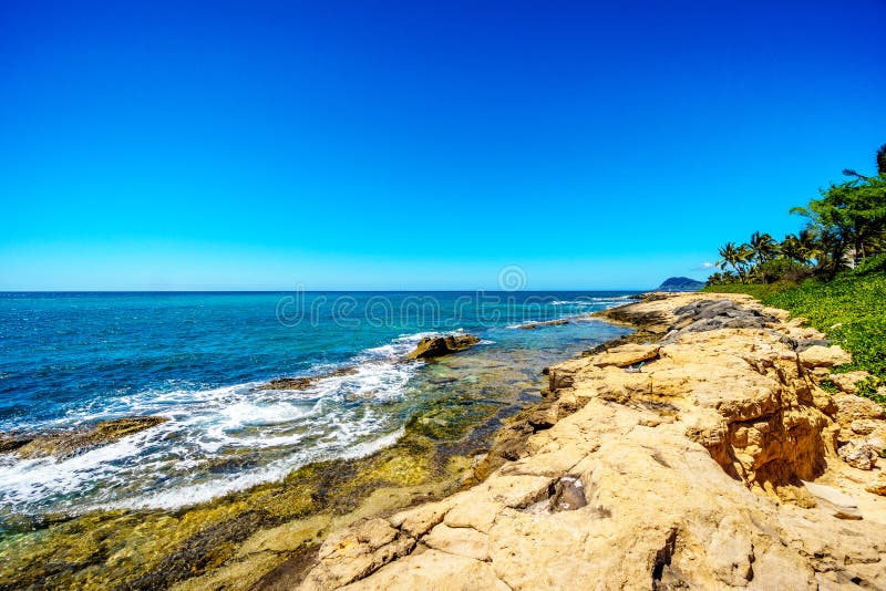 Vågor av Stilla havet som kraschar på, vaggar på shorelinen av Ko Olina på ön av Oahu arkivfoto