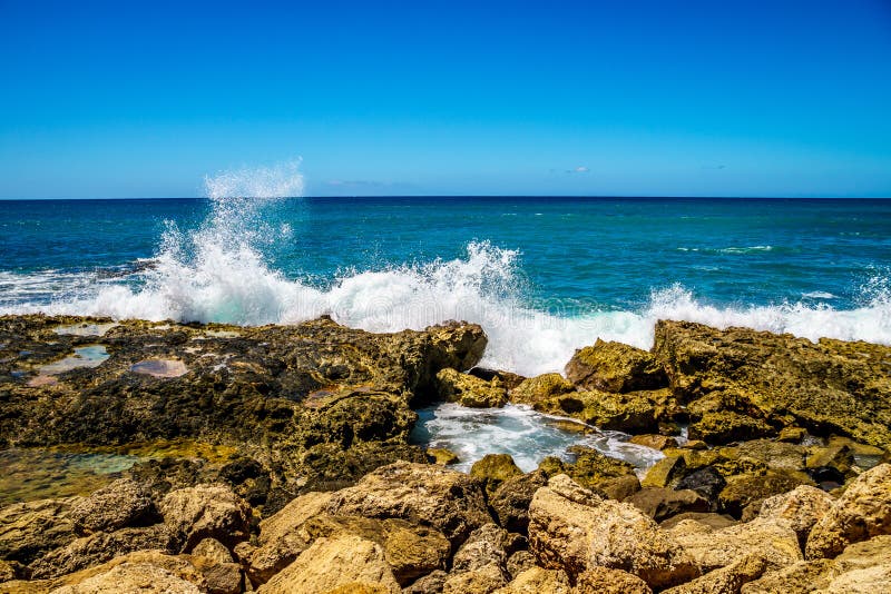Vågor av Stilla havet som kraschar på, vaggar på shorelinen av Ko Olina på ön av Oahu royaltyfria foton