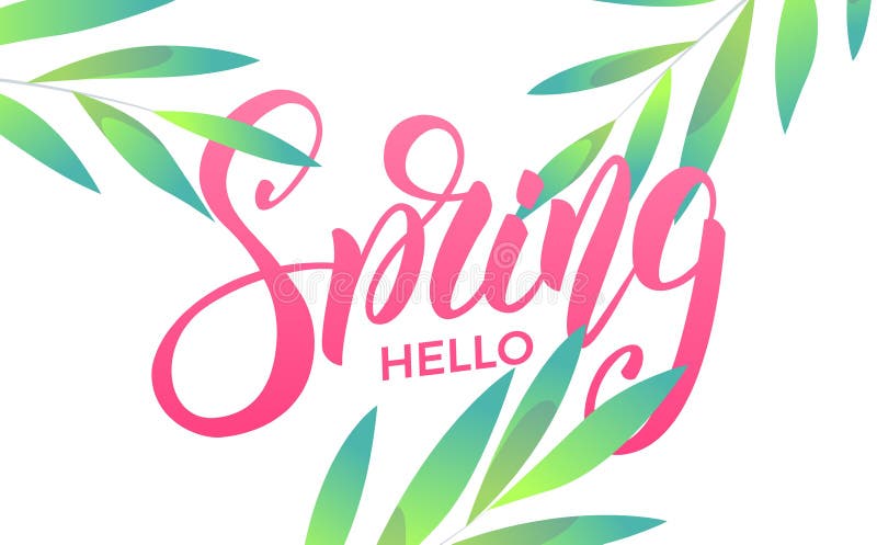 Vår Baner med moderiktiga vårsidor Den moderiktiga skriftbokstäverdesignen Hello fjädrar royaltyfri illustrationer Vår Baner med moderiktiga vårsidor Den moderiktiga skriftbokstäverdesignen Hello fjädrar royaltyfri illustrationer