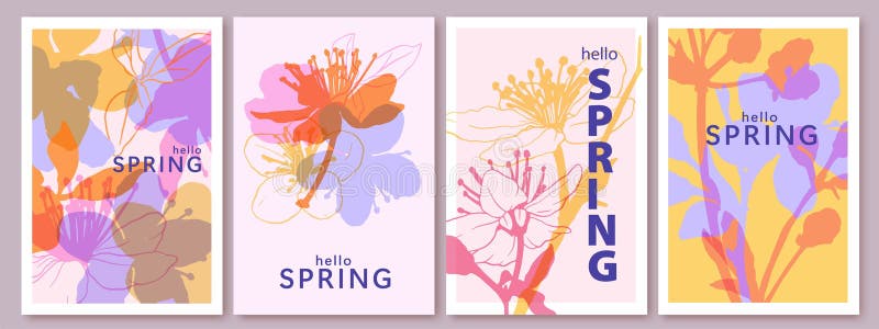 Vårblommor. Högtidligt hälsningskort. Ljusfärgat botaniskt bakgrundsmönster. Cherry blossoms sakura buds vektor illustrationer