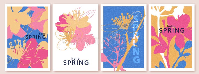 Vårblommor. Högtidligt hälsningskort. Ljusfärgat botaniskt bakgrundsmönster. Cherry blossoms sakura buds vektor illustrationer