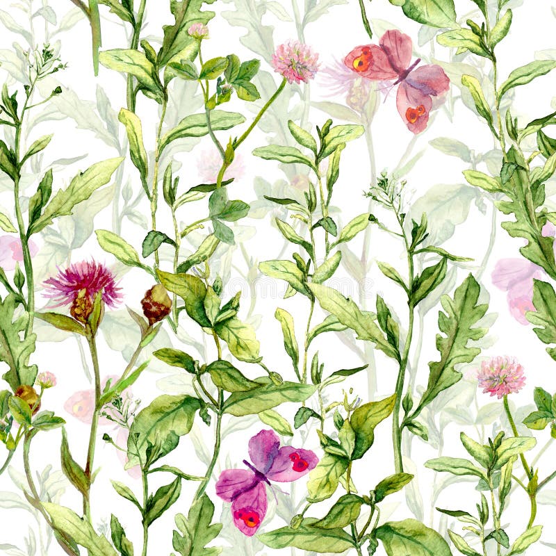 Vårträdgård: gräs blommor, fjärilar Tappningvattenfärg seamless modell stock illustrationer