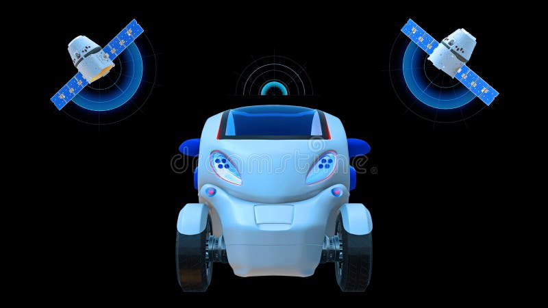 Véhicule Driverless, conduite électrique autonome avec deux satellites sur le fond noir, voiture futuriste, vue de face illustration libre de droits Véhicule Driverless, conduite électrique autonome avec deux satellites sur le fond noir, voiture futuriste, vue de face illustration libre de droits