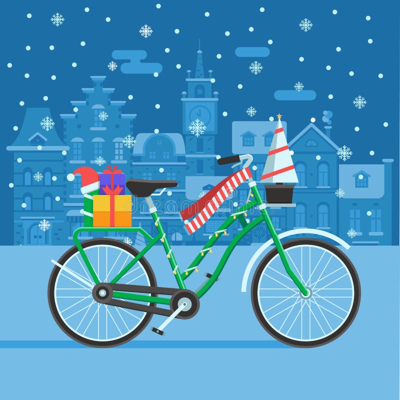 Vélo d'hiver avec des cadeaux de Noël illustration libre de droits Vélo d'hiver avec des cadeaux de Noël illustration libre de droits