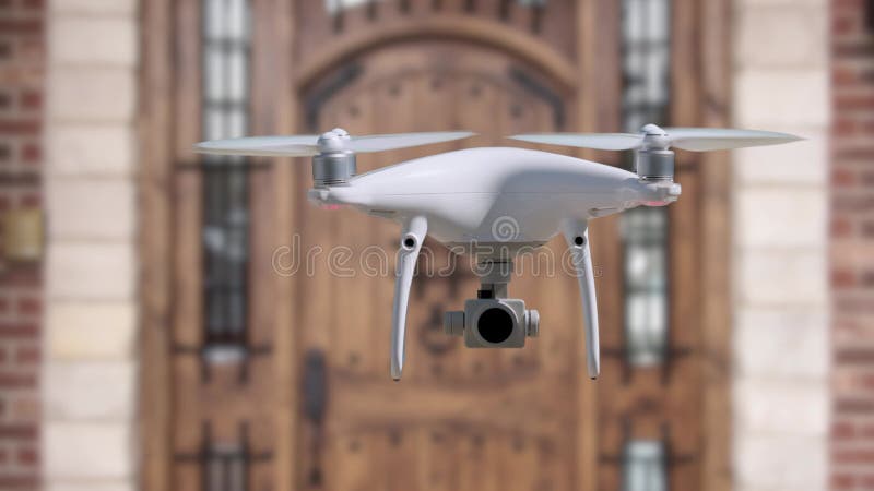 Véritable drone de quadricoptère de drone volant au ralenti à l'extérieur devant une porte d'entrée résidentielle illustration stock