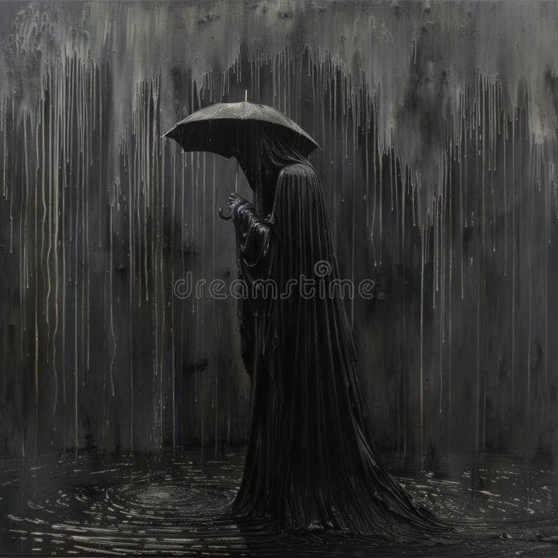 woman with an umbrella stands resiliently in the rain, her cloak billowing around her in a cemetery. AI generated. woman with an umbrella stands resiliently in the rain, her cloak billowing around her in a cemetery. AI generated