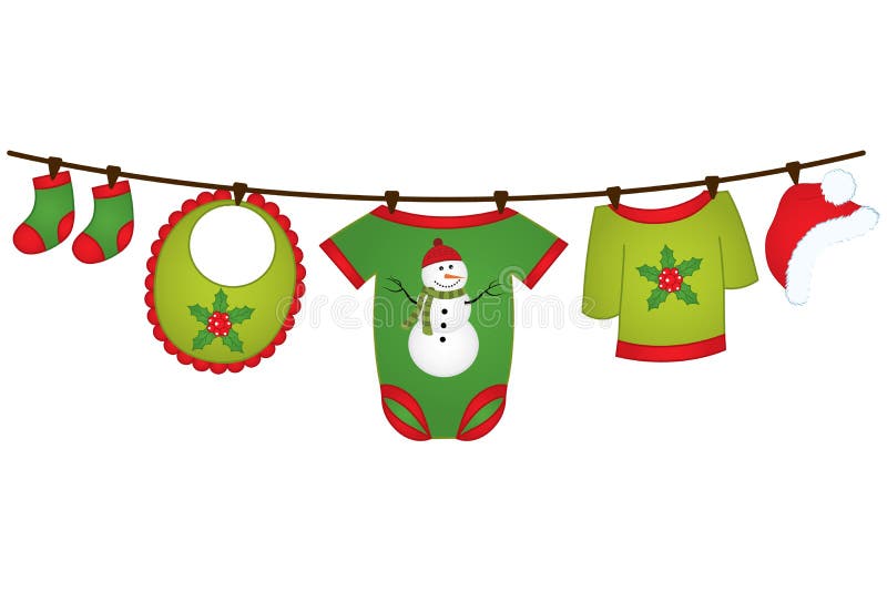 Vêtements de bébé de Noël de vecteur accrochant sur la ligne Élément de conception de vecteur pour la fête de naissance, invitati illustration stock Vêtements de bébé de Noël de vecteur accrochant sur la ligne Élément de conception de vecteur pour la fête de naissance, invitati illustration stock