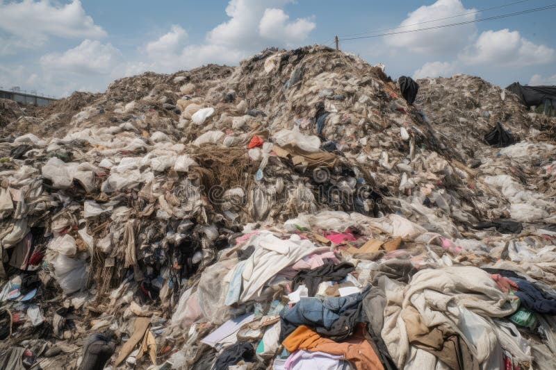 Vêtements de mode rapide dans une décharge entourée d'emballages jetés et d'autres déchets illustration de vecteur