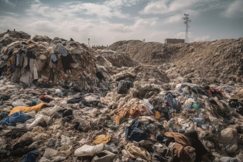 Vêtements de mode rapide dans une décharge entourée d'emballages jetés et d'autres déchets illustration stock