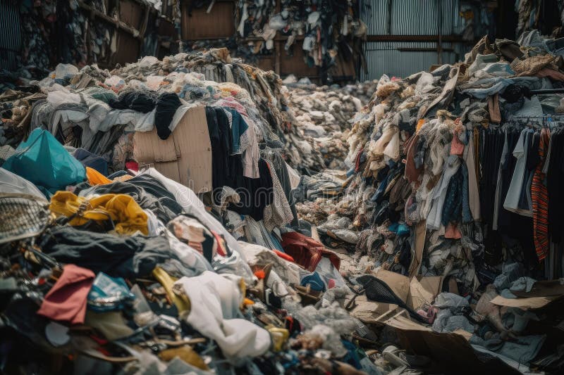 Vêtements de mode rapide dans une décharge entourée d'emballages jetés et d'autres déchets illustration de vecteur