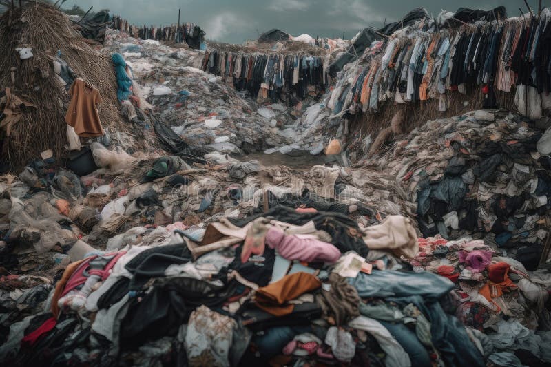 Vêtements de mode rapide dans une décharge entourée d'emballages jetés et d'autres déchets illustration libre de droits