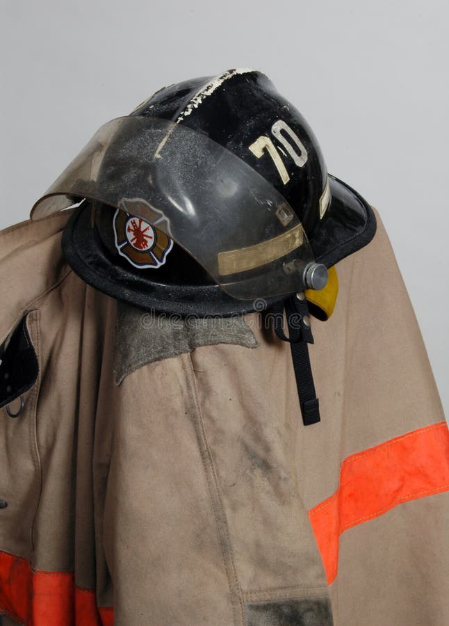 View of protective clothing worn by a firefighter, particularly a Nomex jacket and hard hat. View of protective clothing worn by a firefighter, particularly a Nomex jacket and hard hat.