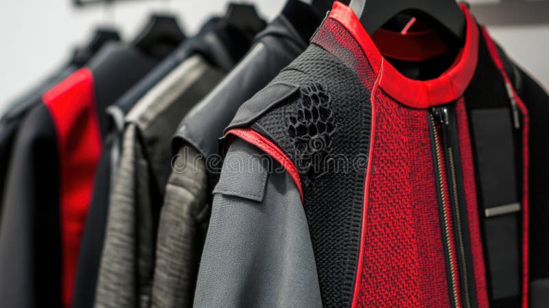 Vêtements élégants avec fermeture éclair et boutons affichés sur un rack avec des textures audacieuses sur un fond clair et propre images libres de droits
