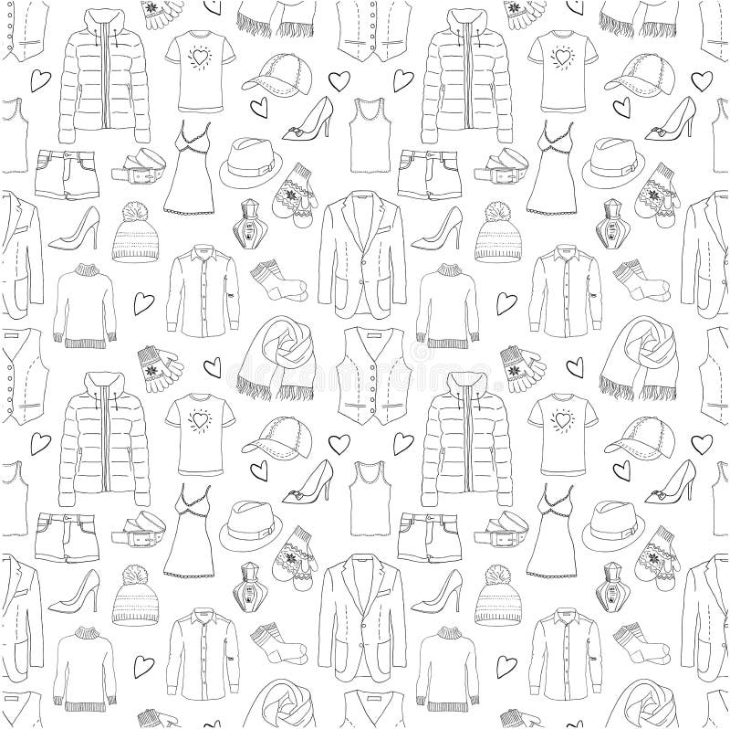 Clothes seamless pattern. Coloring book page. Hand drawn sketch in doodle style. Clothes seamless pattern. Coloring book page. Hand drawn sketch in doodle style.